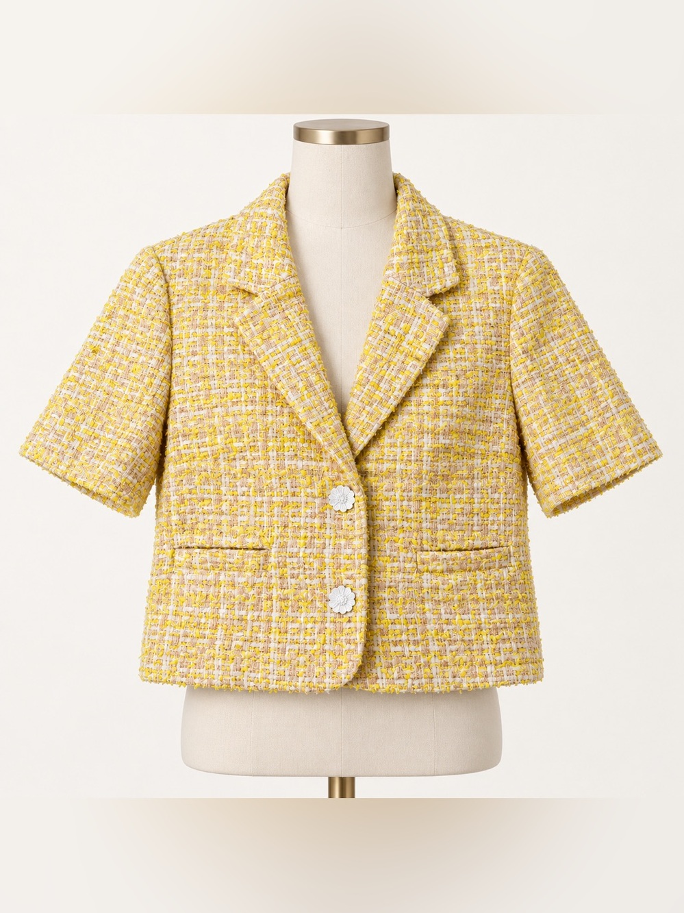 Rich & Royal Yellow Metallic Tweed Cropped Short Sleeve Jacket Blazer EU 38 US 6